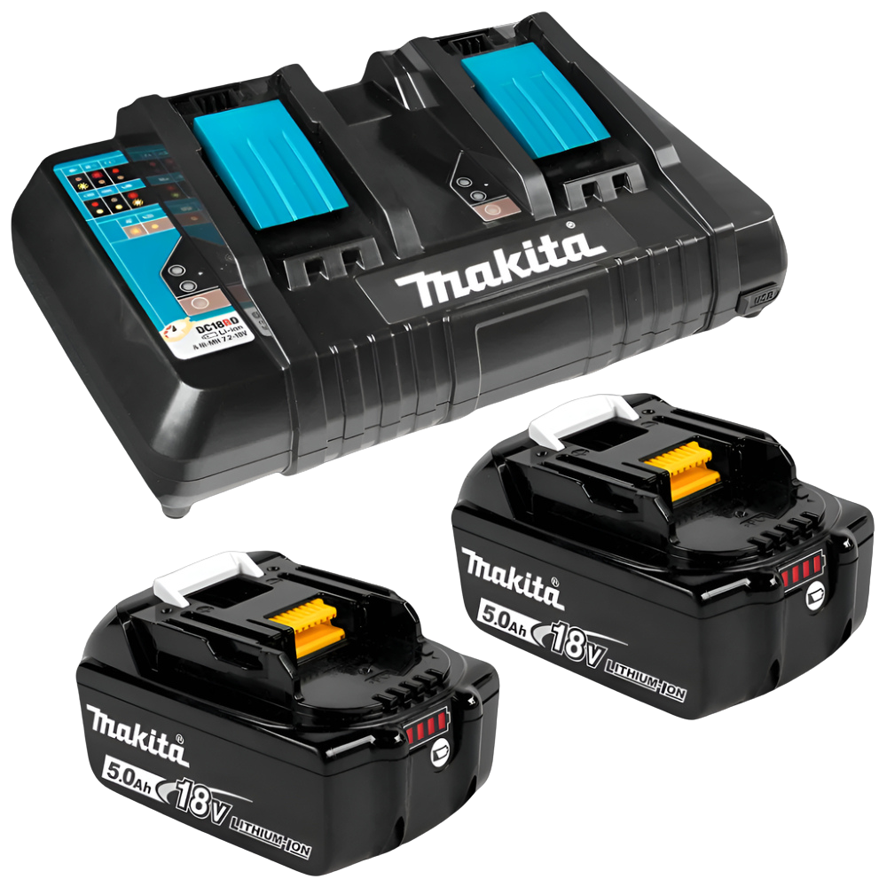 Makita 198928-5 18V Li-Ion Cordless Dual Port Charger DC18RD & x2 5.0Ah Batteries BL1850B