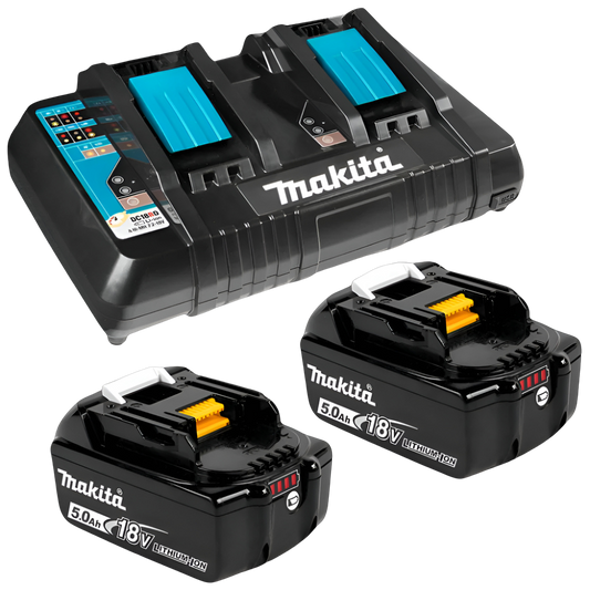Makita 198928-5 18V Li-Ion Cordless Dual Port Charger DC18RD & x2 5.0Ah Batteries BL1850B