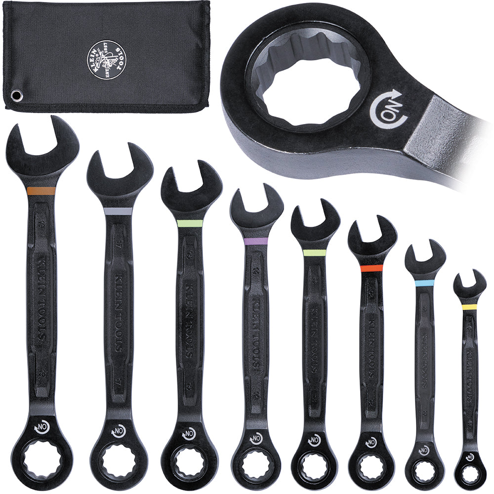 KLEIN Tools A-69408MG 90 Tooth Ratcheting Combo Spanner Wrench Set Metric, 8 Piece 90T