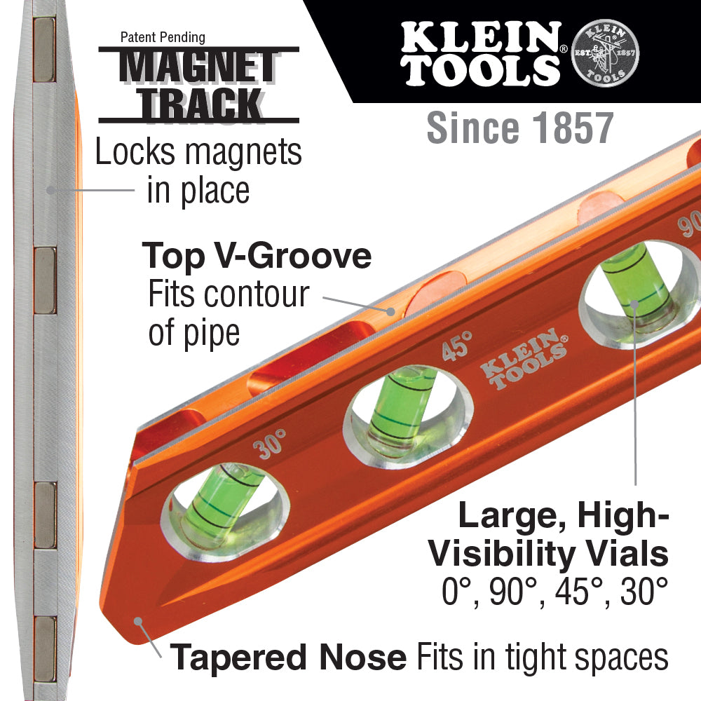 Klein Tools A-935RB Torpedo Billet Spirit Level, Rare Earth Magnet 4 Vial