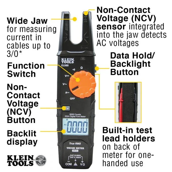KLEIN Tools A-CL360 Electrical Tester Open-Jaw Fork Meter AC Auto-Ranging 200 Amp