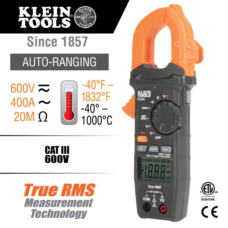 KLEIN Tools A-CL220 Digital Clamp Meter, AC Auto-Ranging 400 Amp with Temp