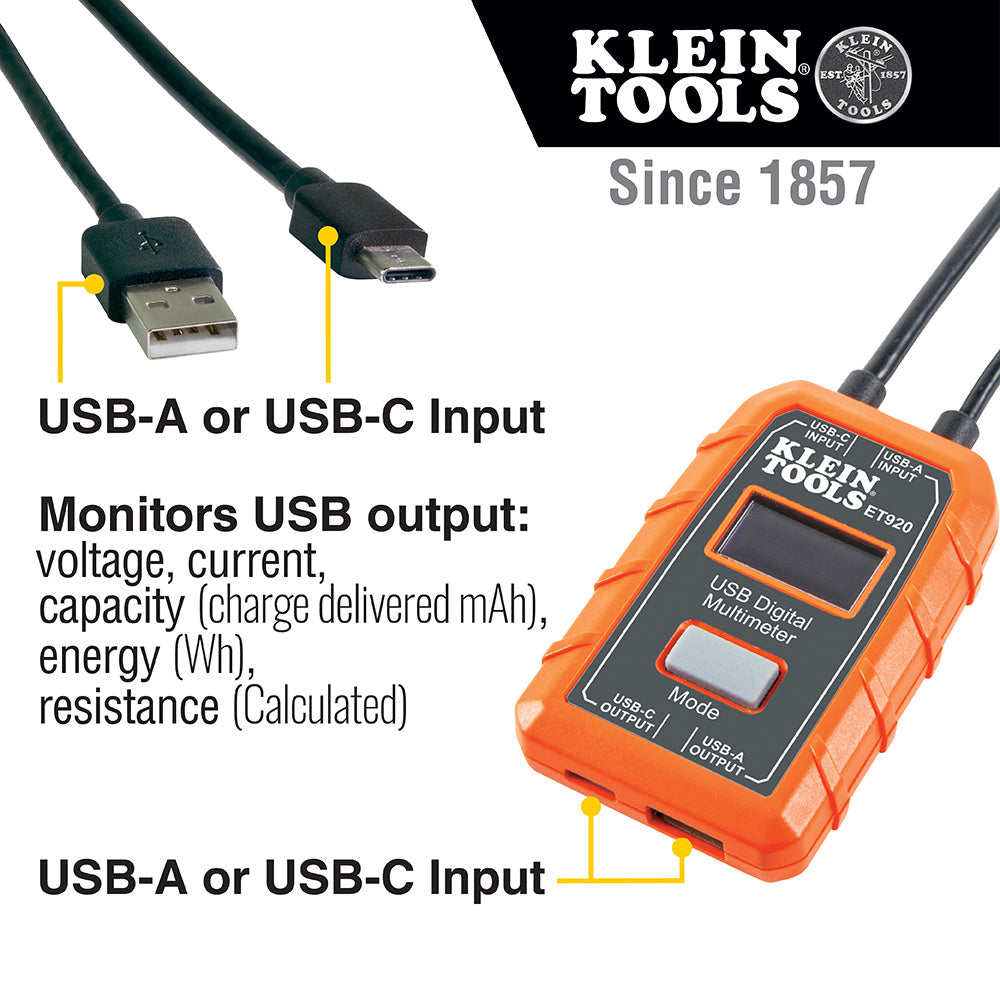 KLEIN Tools A-ET920 USB Digital Meter, USB-A and USB-C