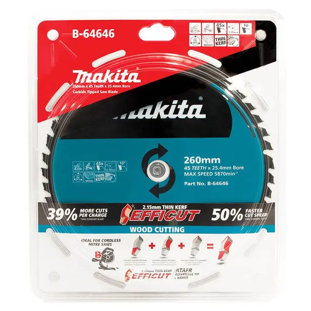 MAKITA 260MM 45T TCT CIRCULAR SAW BLADE FOR WOOD CUTTING - MITRE SAWS - EFFICUT