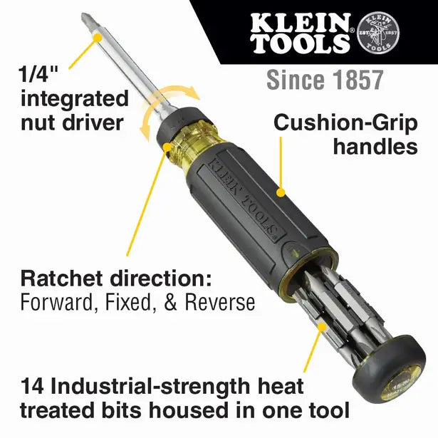KLEIN 1/4INCH MIXED BITS SCREWDRIVER HEX RATCHET SET - 15 PIECE A-32305