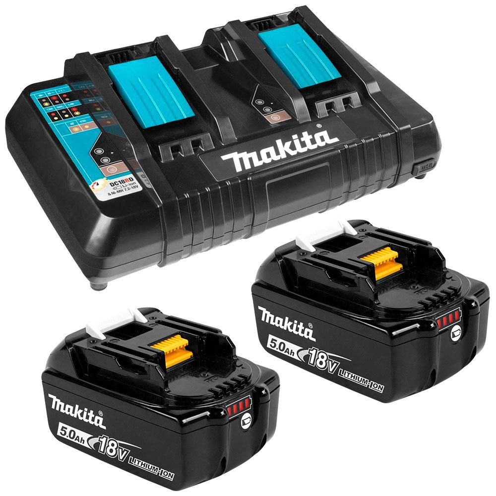 Makita 198928-5 18V Li-Ion Cordless Dual Port Charger DC18RD & 5.0Ah Batteries BL1850B