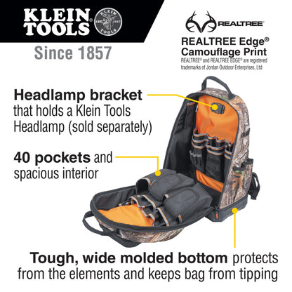 KLEIN Tools A-62800BPCAMO Tradesman Pro™ XL Tool Bag Backpack, 40 Pockets, Camo