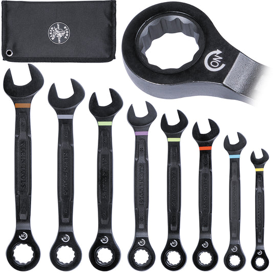 KLEIN Tools A-69408MG 90 Tooth Ratcheting Combo Spanner Wrench Set Metric, 8 Piece 90T