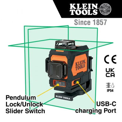 Klein Tools A-93PLL 3D 360 Degree Rechargeable, Self-Levelling Green Beam Planar Laser Level with Hard Carrying Case