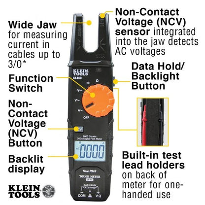 KLEIN Tools A-CL360 Electrical Tester Open-Jaw Fork Meter AC Auto-Ranging 200 Amp