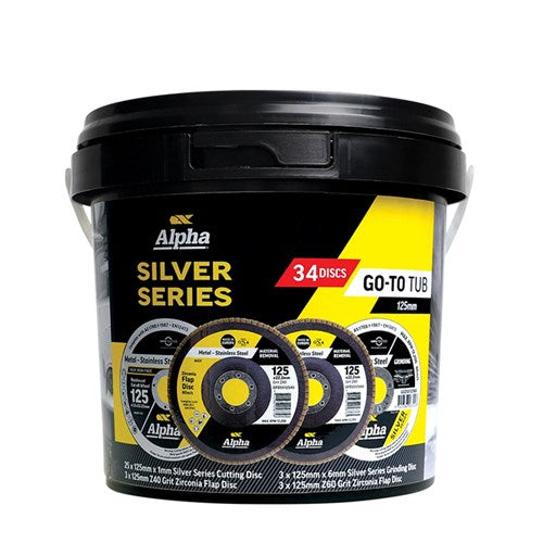 Alpha 125mm Silver Series Cutting, Flap & Grinding Disc | 34 Disc Go-To Tub GCDM-TUB2
