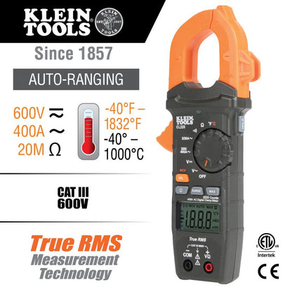 KLEIN Tools A-CL220 Digital Clamp Meter, AC Auto-Ranging 400 Amp with Temp