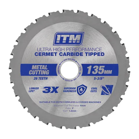 ITM 135MM METAL CUTTING BLADE, CERMET CARBIDE TIPPED, 26 TEETH