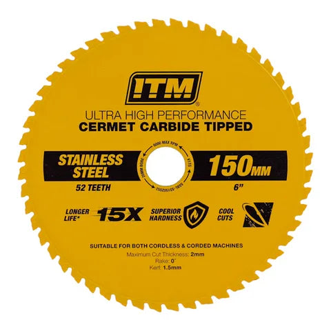 ITM 150MM STAINLESS STEEL METAL CUTTING BLADE, CERMET CARBIDE TIPPED, 52 TEETH