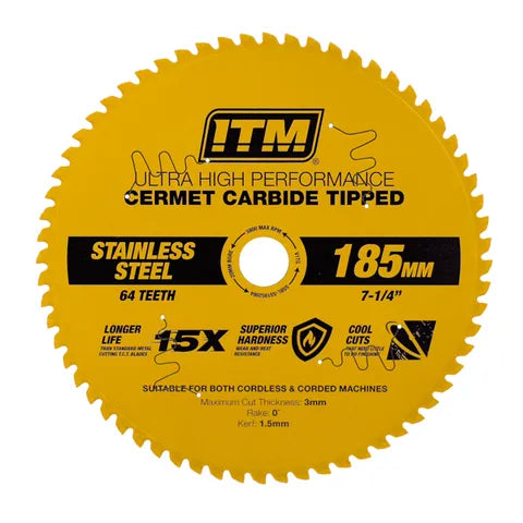 ITM 185MM STAINLESS STEEL METAL CUTTING BLADE, CERMET CARBIDE TIPPED, 64 TEETH