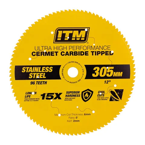 ITM 305MM STAINLESS STEEL METAL CUTTING BLADE, CERMET CARBIDE TIPPED, 96 TEETH