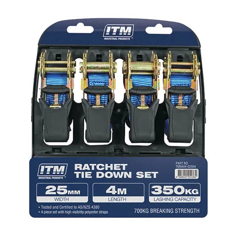 ITM RATCHET STRAP, 4 PACK, 25MM WIDTH, 4M LENGTH 350KG